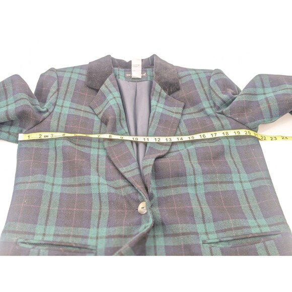 Sag Harbor Vintage 90's Wool Green Plaid Lined Blazer Velvet Collar Size Large - Picture 8 of 11